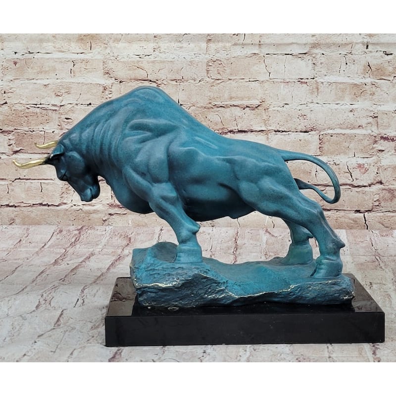 Charging Bull Hot Cast Bronze Figure W/ Blue Green Patina On Marble Base By Milo