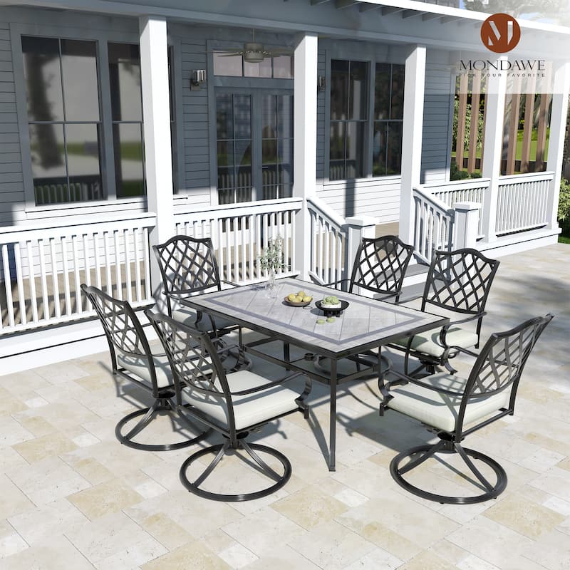 Aluminum Rectangle Patio Dining Table for 6 Seating Metal Steel Slat with Umbrella Hole