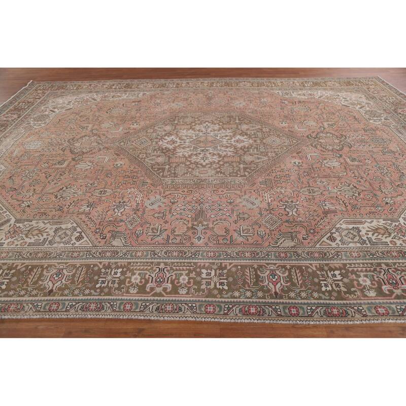 Hand Knotted Oriental 100% Wool Carpet Traditional Medallion Pink Tabriz Area Rug - 12' 5'' X 9' 9''