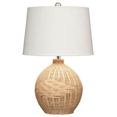 Cape 22 Inch Contemporary Rattan Table Lamp, Hand Woven, Linen Shade, Brown