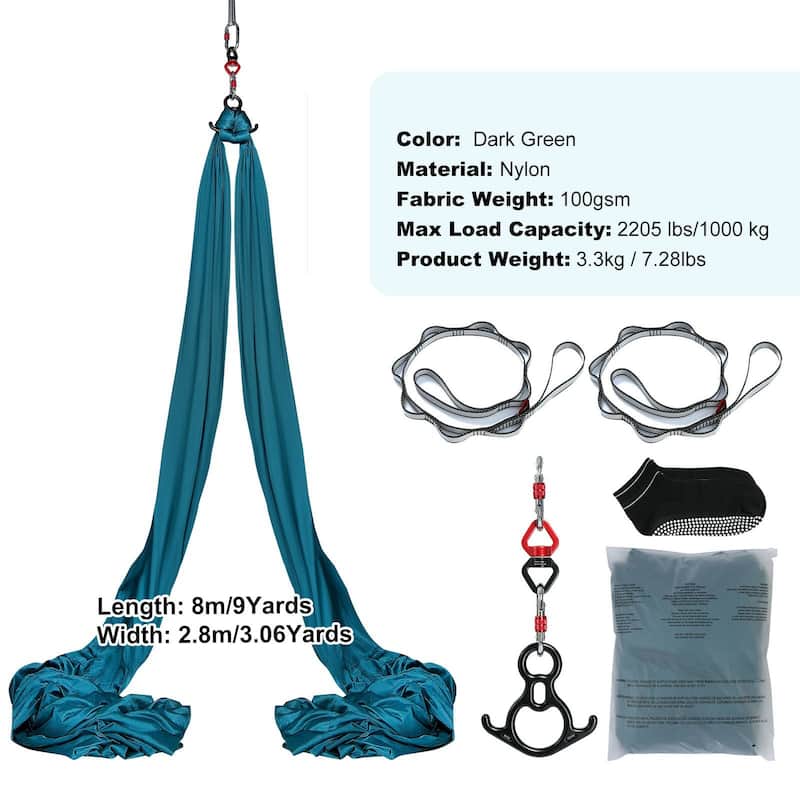 Aerial Yoga Hammock with 100gsm Nylon, Full Rigging Kit & Easy Setup - Dark-Green