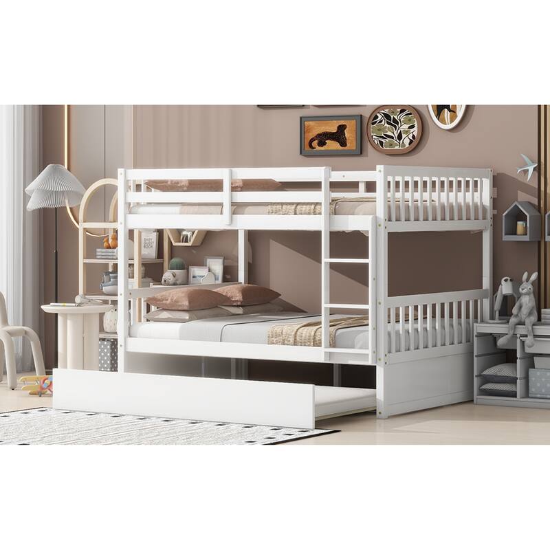 Roomfitters Full Over Full Rubber Wood Bunk Bed with Pull-Out Trundle, Convertible Design, Ladder and Safety Guardrails, White