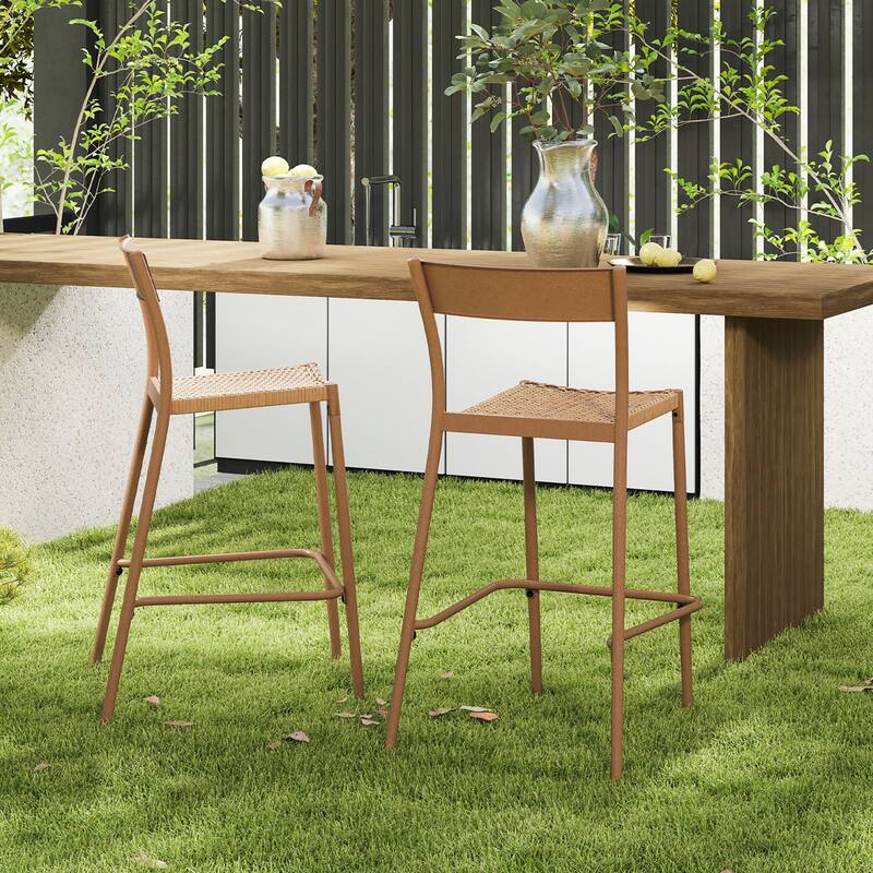 Gymax 4PCS Patio Barstools Outdoor Bar Height Chairs w/ Rattan Seat &