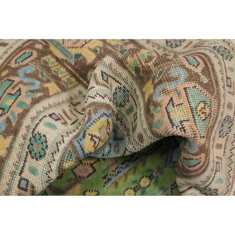 Hand Knotted Oriental 100% Wool Carpet Traditional Floral Green Tabriz Area Rug - 9' 5'' X 6' 4''