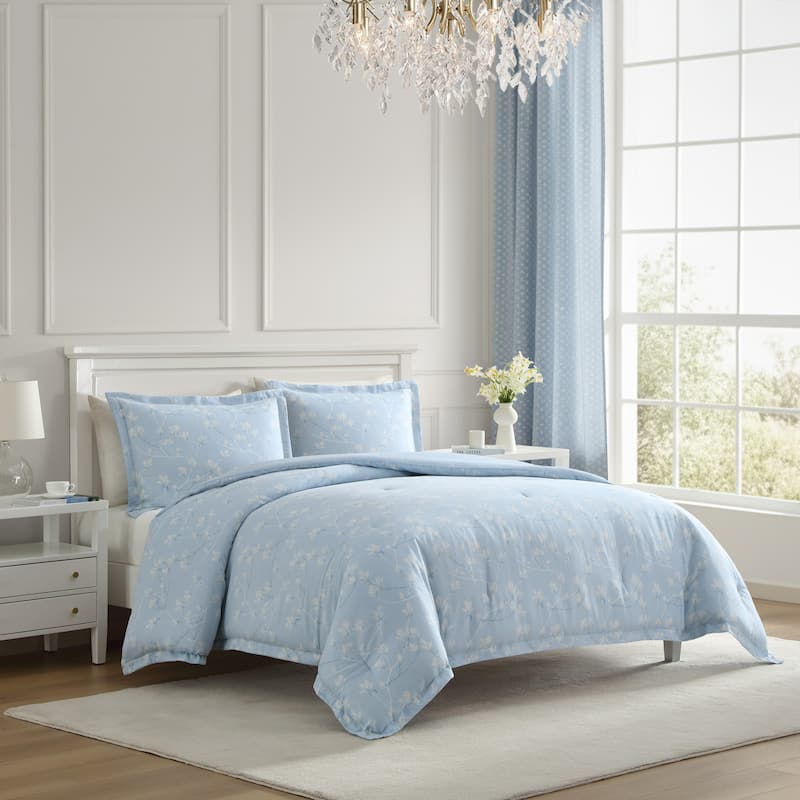 Laura Ashley Magnolia Grove Floral Reversible Breathable Cotton Comforter Set (Blue)
