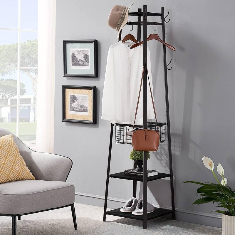 Coat Rack Freestanding,Hall Tree with Metal Basket