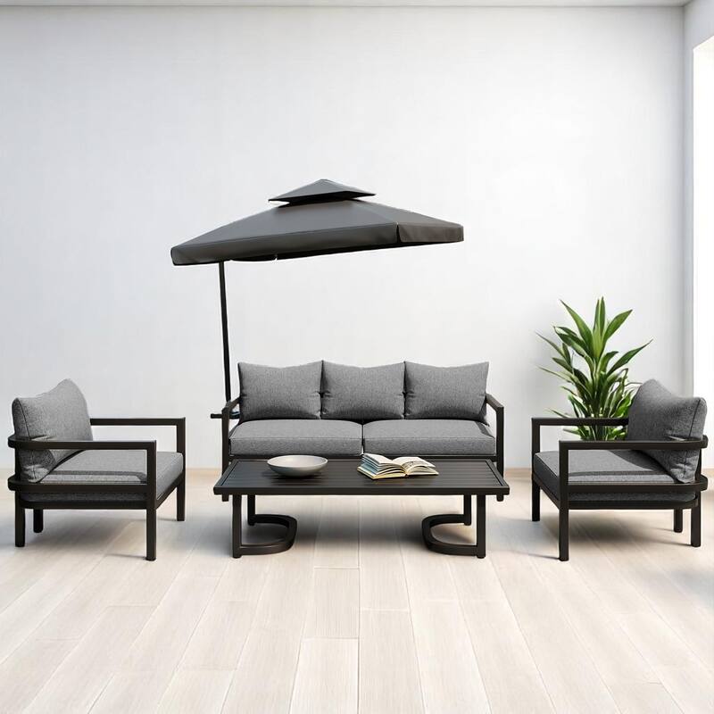 4-Piece Outdoor Patio Furniture Set with Acacia Wood Coffee Table, Steel Frame Sofa Set with Cushions, Curved Backrest - Light Gray