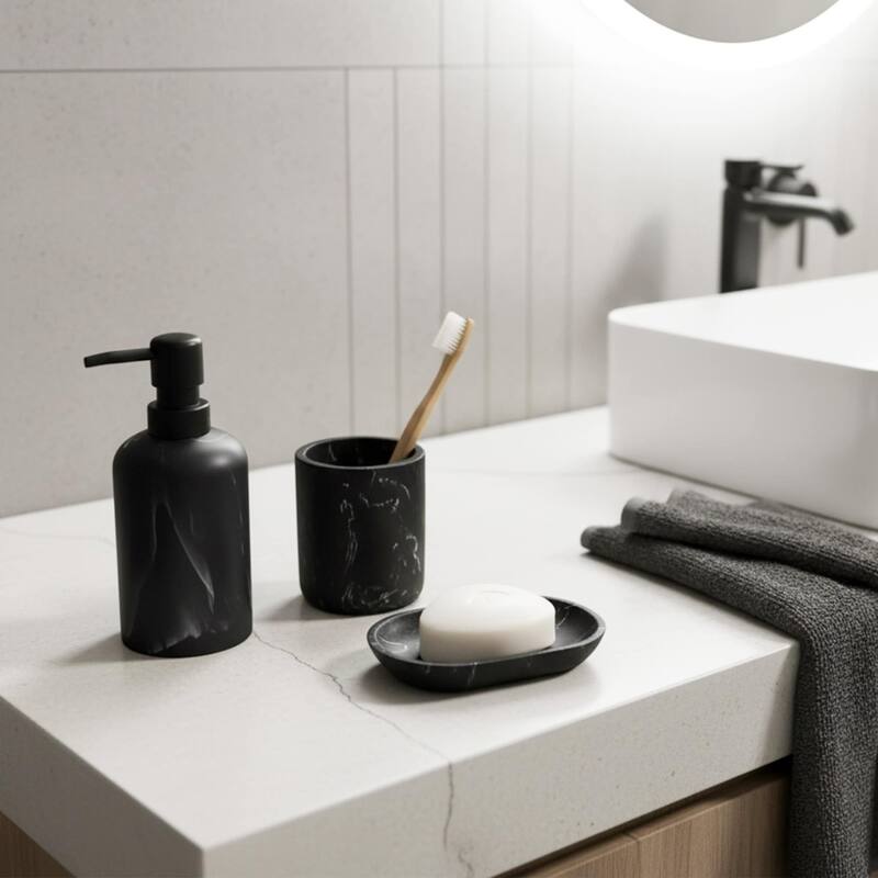 Marble Resin Soap Dispenser with Black Pump - 2.8 L x 2.8 W x 6.8 H