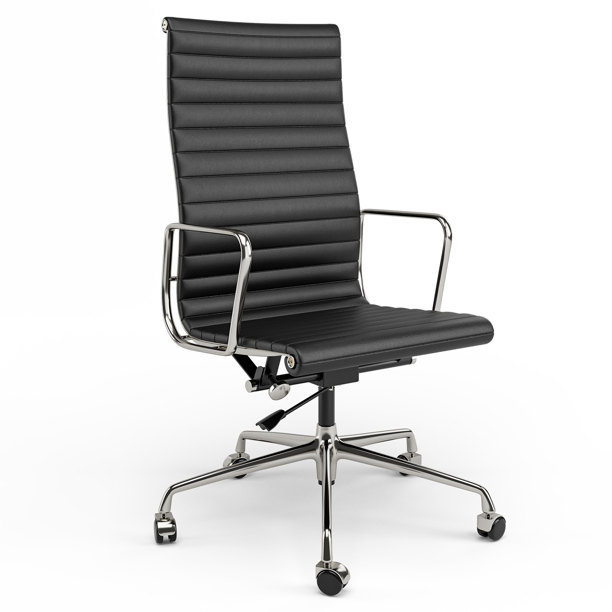 Ribbed Office Chair Black Genuine Leather High Back Ergonomic