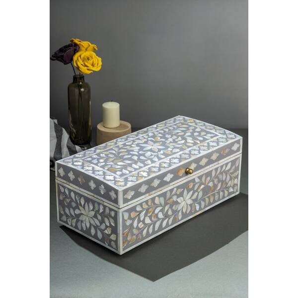 slide 1 of 7, GAURI KOHLI Jodhpur Mother of Pearl Decorative Box - Gray, 16" - 16 x 8 x 6 inches Grey & White - 16 x 8 x 6 inches