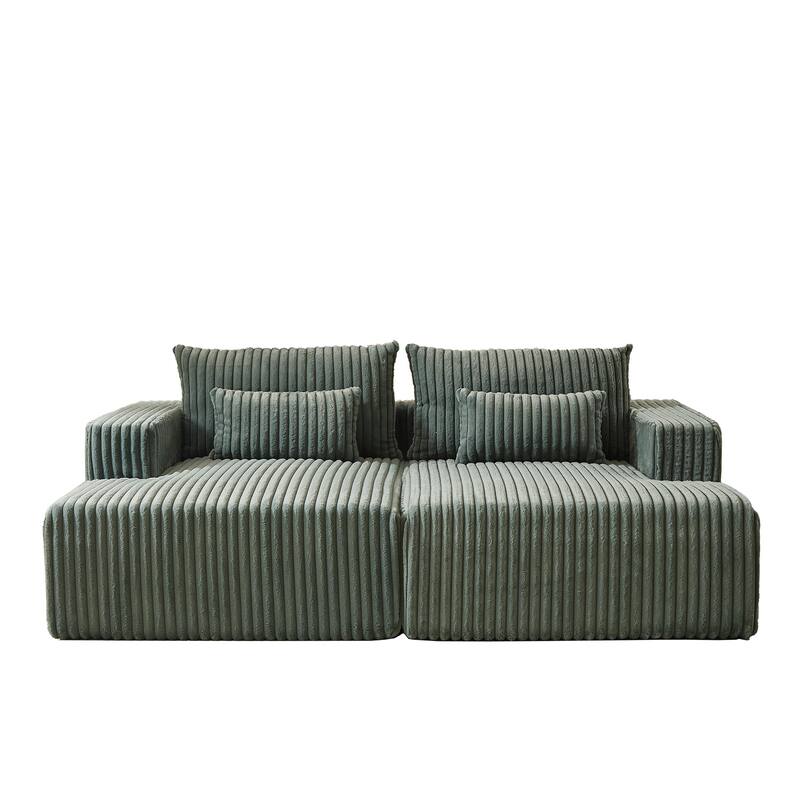 87'' Lounge Chaise Sleeper Sofa - Soft Corduroy Couch with Ottoman Bench and Pillow Support - Army Green