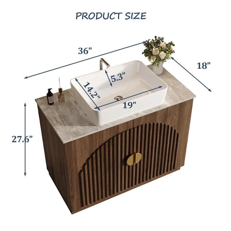 36" Mid - Century Modern Bathroom Vanity With Single Sink Grille Door & Gold Accents