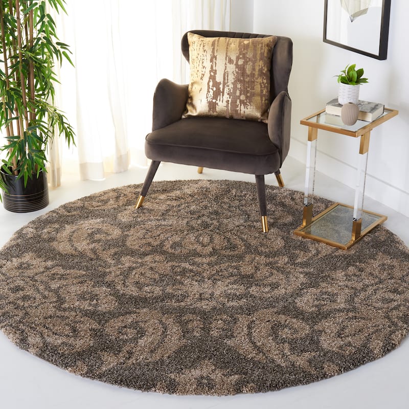 SAFAVIEH Florida Shag Aurkene Floral Damask 1.2-inch Thick Rug - 4' Round - Smoke/Beige
