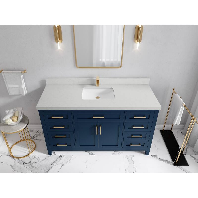 Willow Collections 60 in. W x 22 in. D Cambridge Single Sink Bathroom Vanity with Countertop - 2" Carrara Quartz - Navy Blue