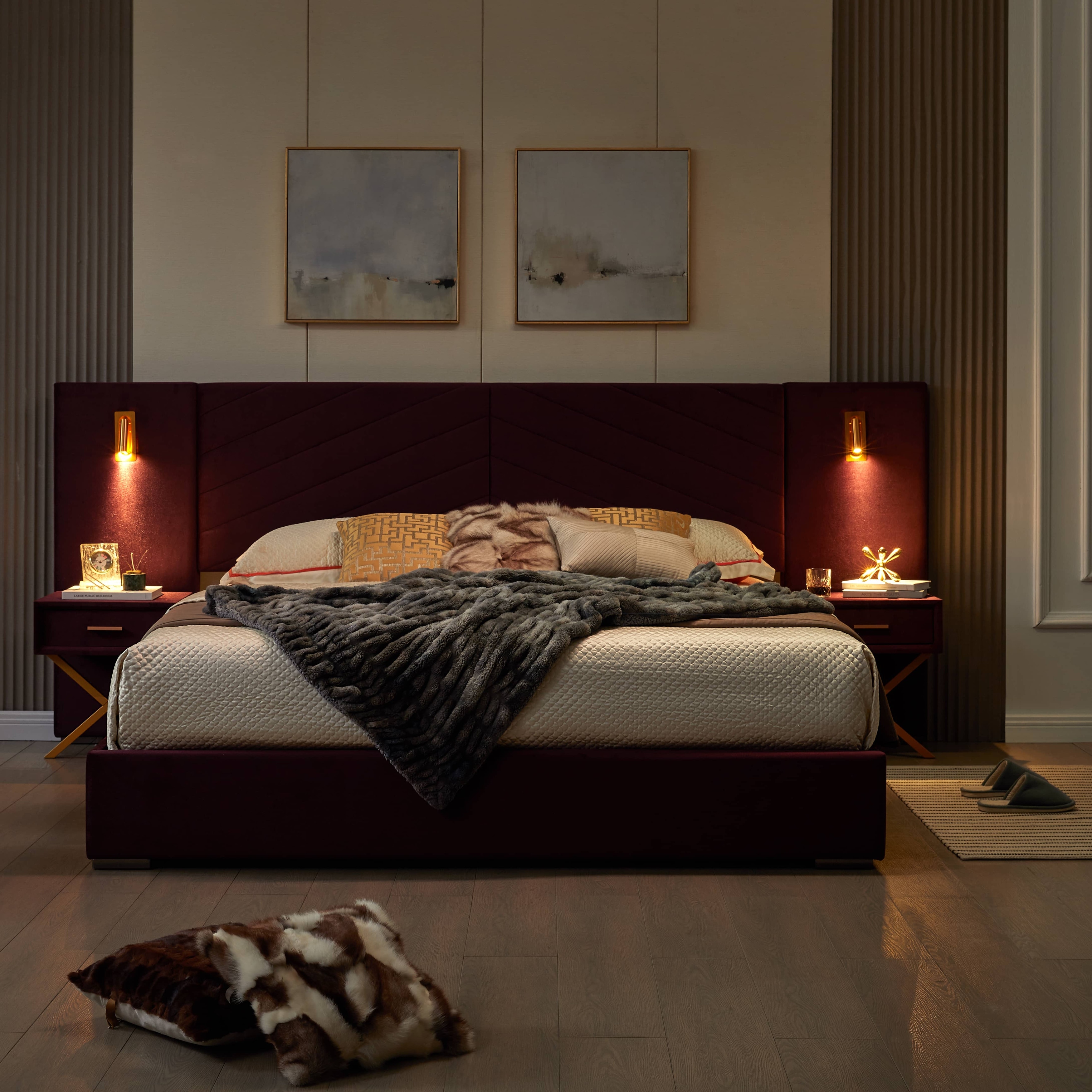 Rossetta Queen Size Bed Frame with Vertical Channel Tufted Wingback Headboard, Easy Assembly