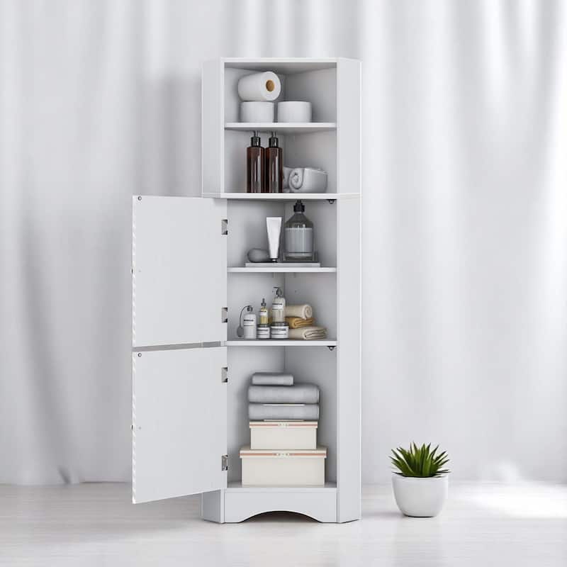 Freestanding Bathroom Corner Storage Cabinet with 2 Doors, Adjustable Shelves, Waterproof MDF, Triangle Design