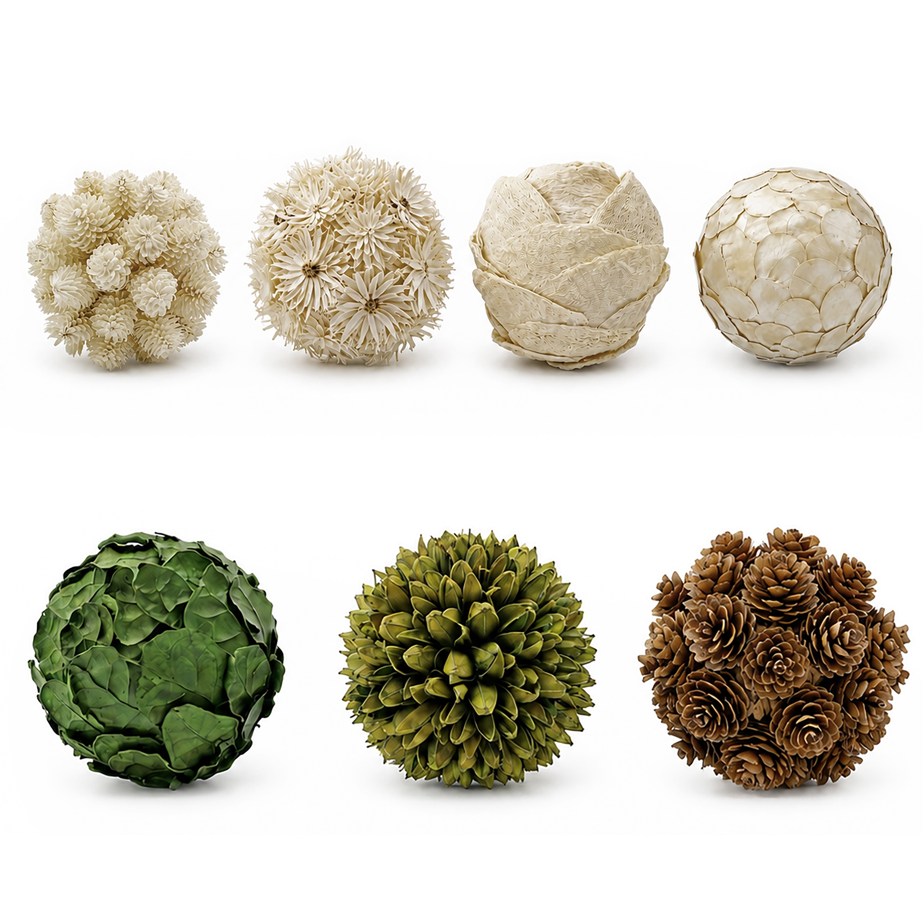 Handmade Preserved Topiary Balls, Decorative Botanical Bowl Filler in White, Green & Brown, Set of 7