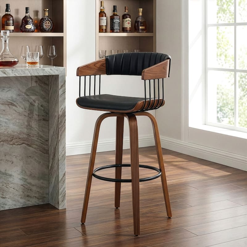 Beaumont Black Faux Leather Bar Stool with Walnut Wood Frame and Legs
