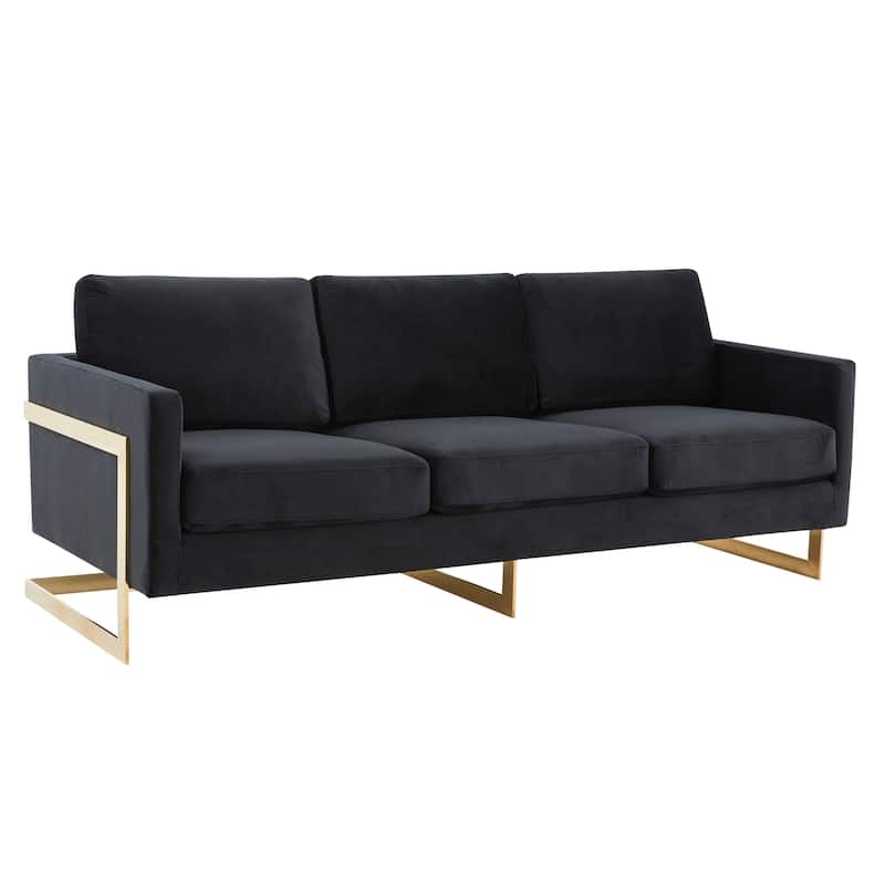 LeisureMod Lincoln Modern Upholstered Velvet Sofa with Gold Frame - 83" - Midnight Black