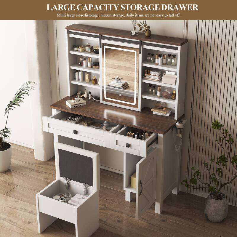 Farmhouse Makeup Vanity Desk with Sliding Mirror and Lights and Hairdryer holder and charging socket