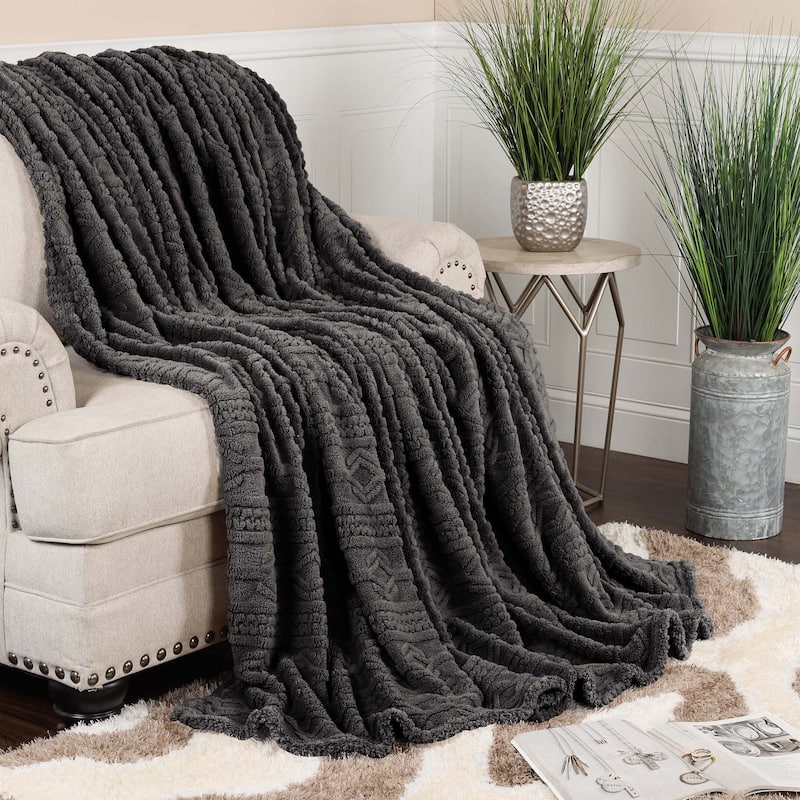 Superior Arctic Boho Jacquard Plush Fluffy Fleece Blanket - Throw - Charcoal