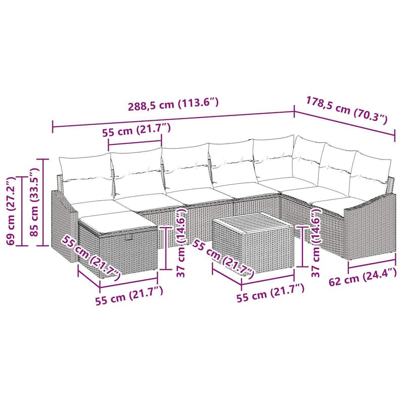 vidaXL 9 Garden Sofa Set with Cushions Black/Grey Poly Rattan - 113.6 x 70.3 x 27.2