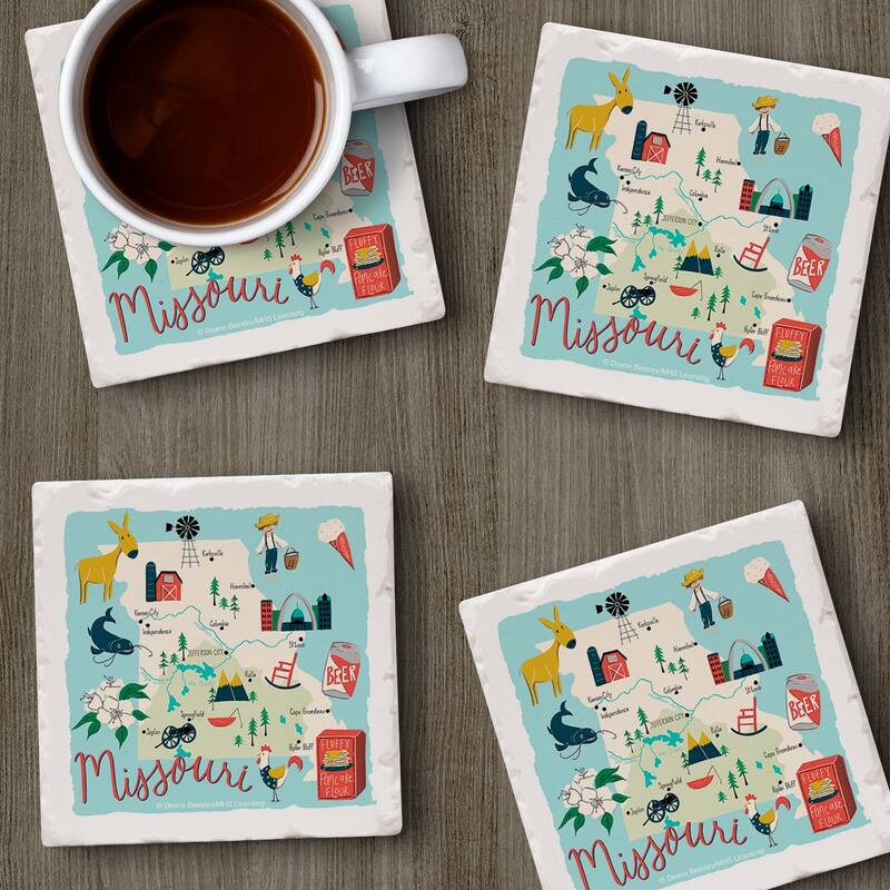 Missouri Home 4-Pack Absorbent Stone Coasters with Protective Cork Backing 4" Square Made in The USA Artistic Easily Wipes Clean