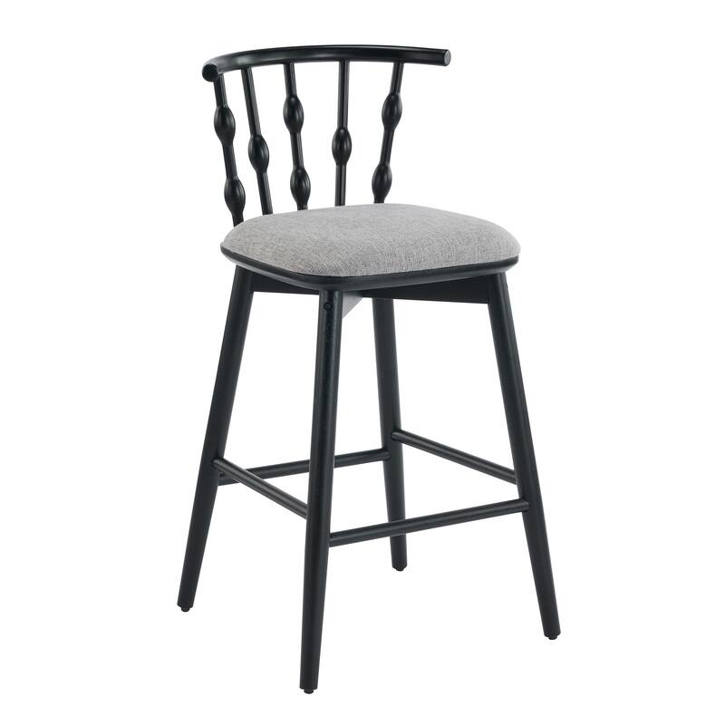 Doria Indoor Wooden Barstool, Black Finish With Grey Upholstery, Set of 2