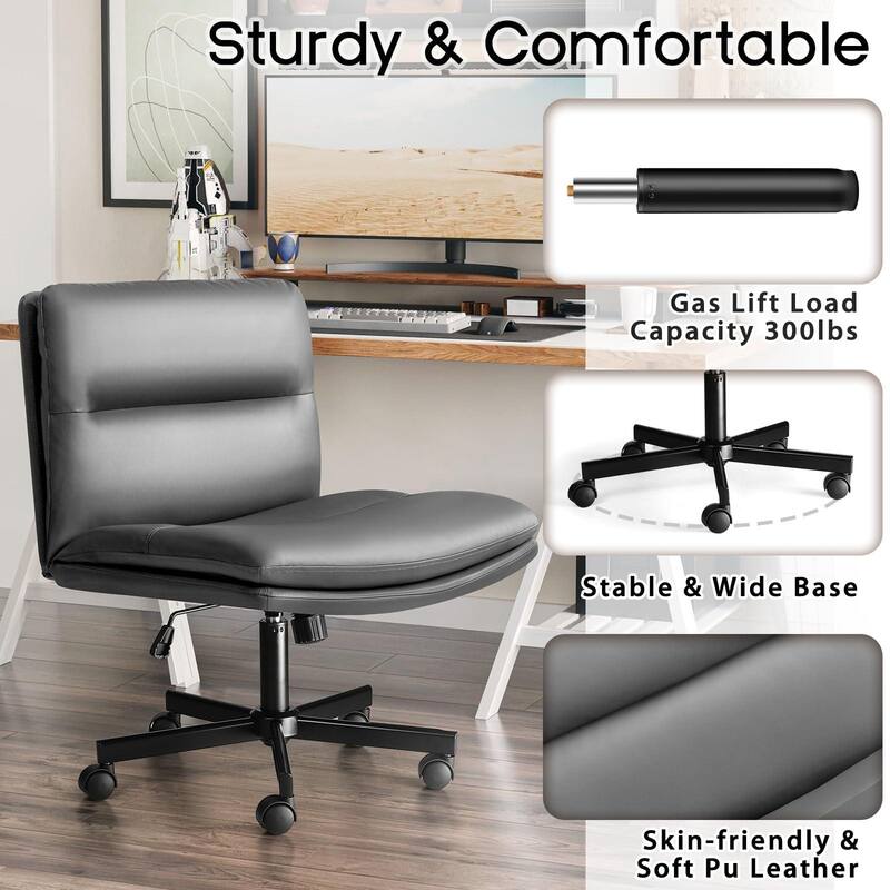 Bossin Criss Cross Chair with Wheels,PU Leather Armless Cross Legged Office chair, Adjustable Wide Seat Task Vanity Chair