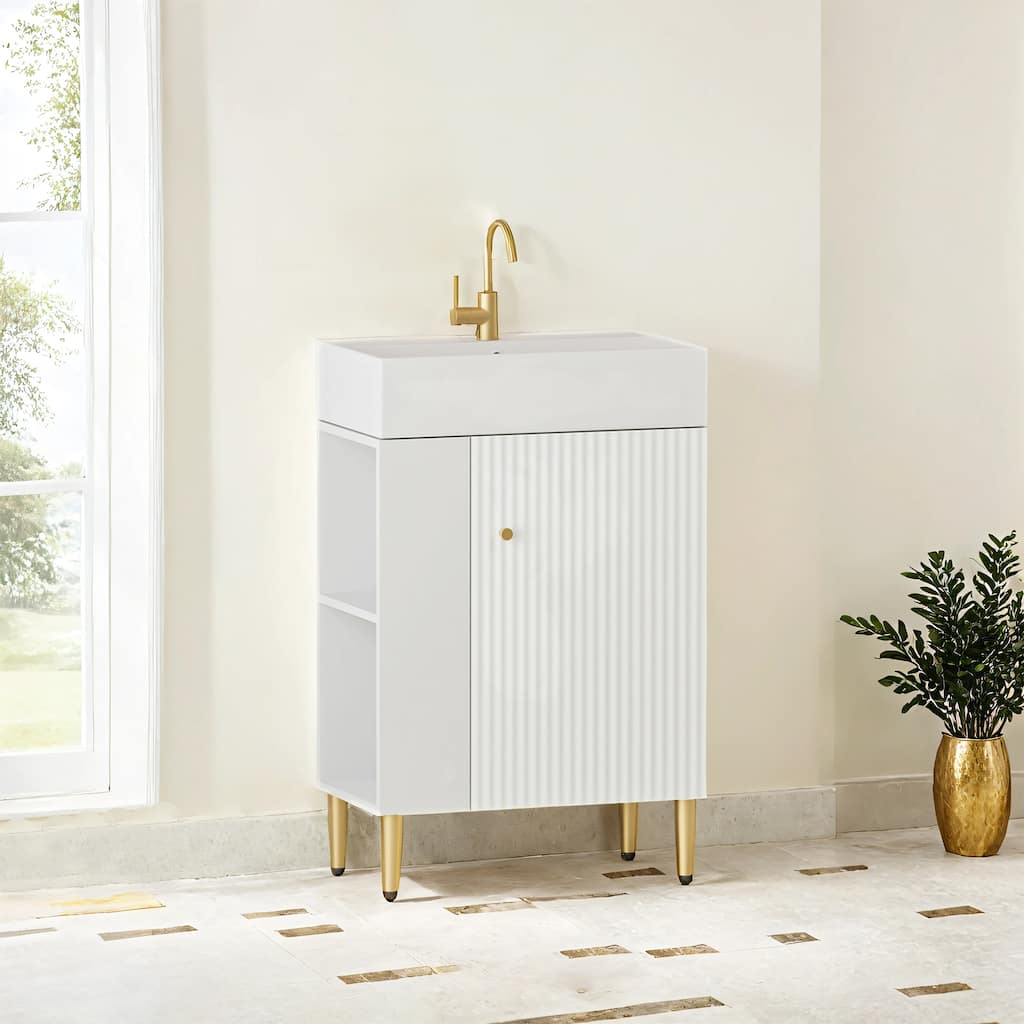 21.6" Open-Shelving Bathroom Vanity with Ceramic Sink, and Soft-Closing Door