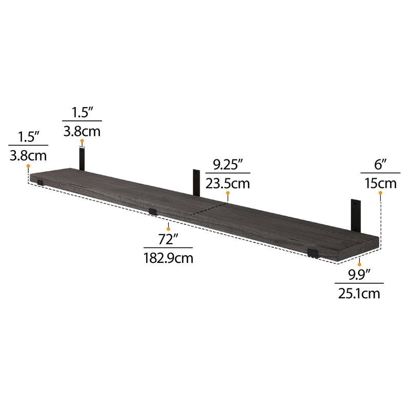 Wallniture Forte Wood Board 72" Long, 9.25'' Deep, 1.5" Thick, Floating Bookshelf for Wall, Hanging Shelf Living Room Decor, 1Pc