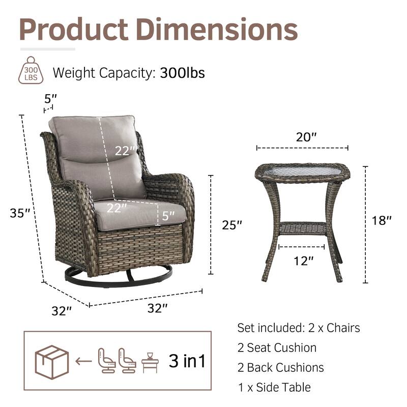 Outdoor Swivel Chairs 3 Piece Wicker Rocking Charis Table Set - Grey