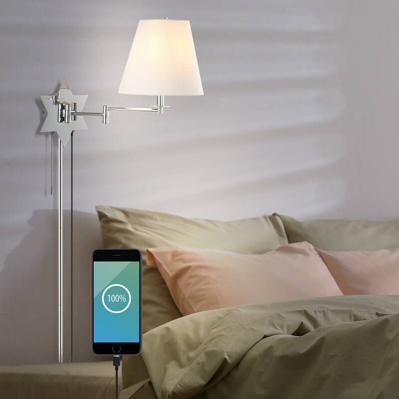 Antler 18.5" 1-Light Modern Swing Arm Plug-In or Hardwired LED Star Sconce with Pull-Chain and USB Charging Port by JONATHAN Y
