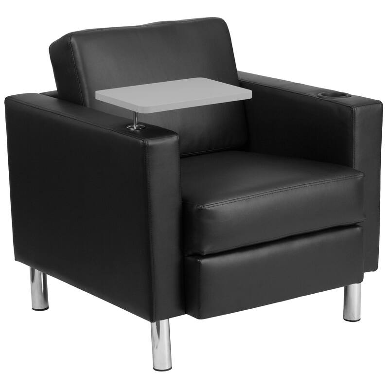 Guest Chair with Tablet Arm, Tall Chrome Legs and Cup Holder - Black