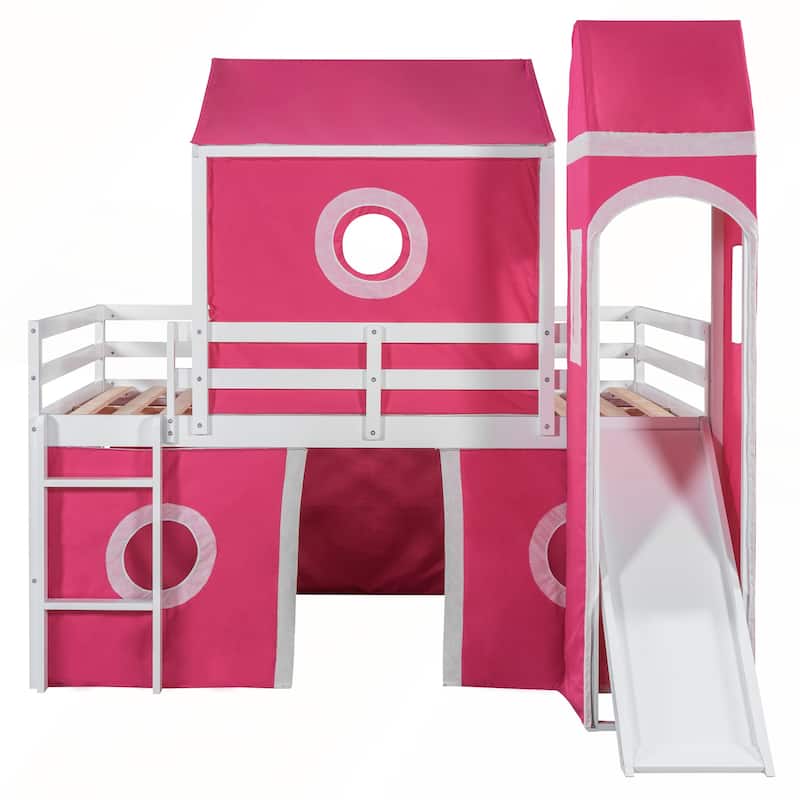 Full Size Loft Bed with Slide Pink Tent and Tower