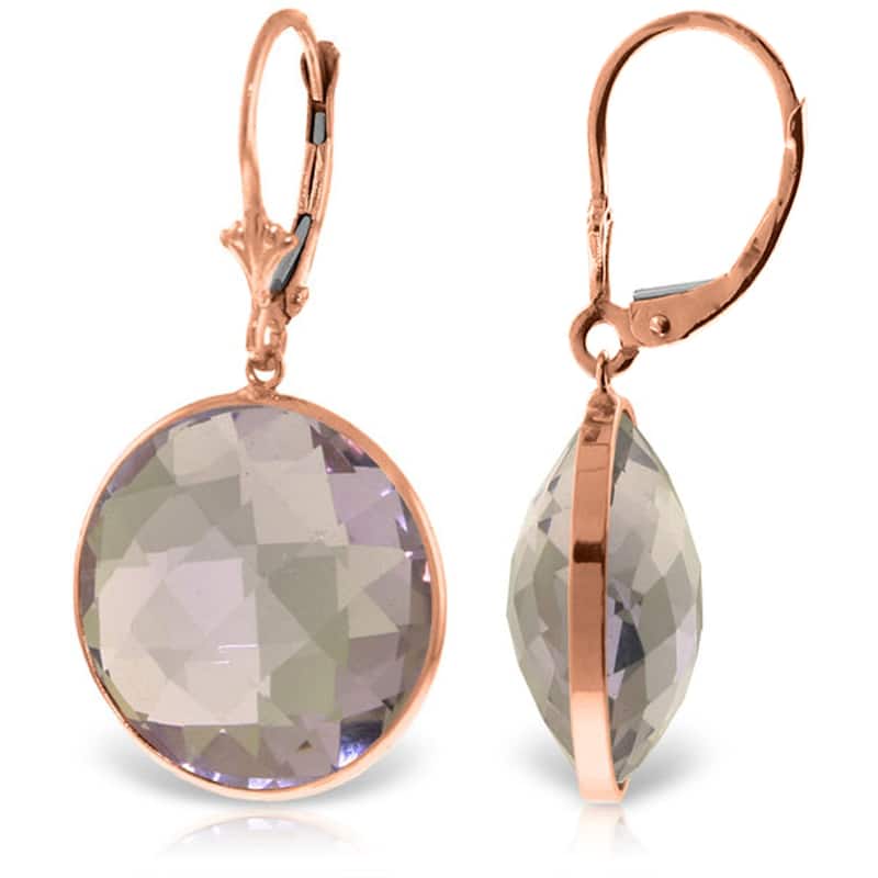 14K Solid Gold Leverback Gemstone Earrings Round Amethyst Certified - Rose