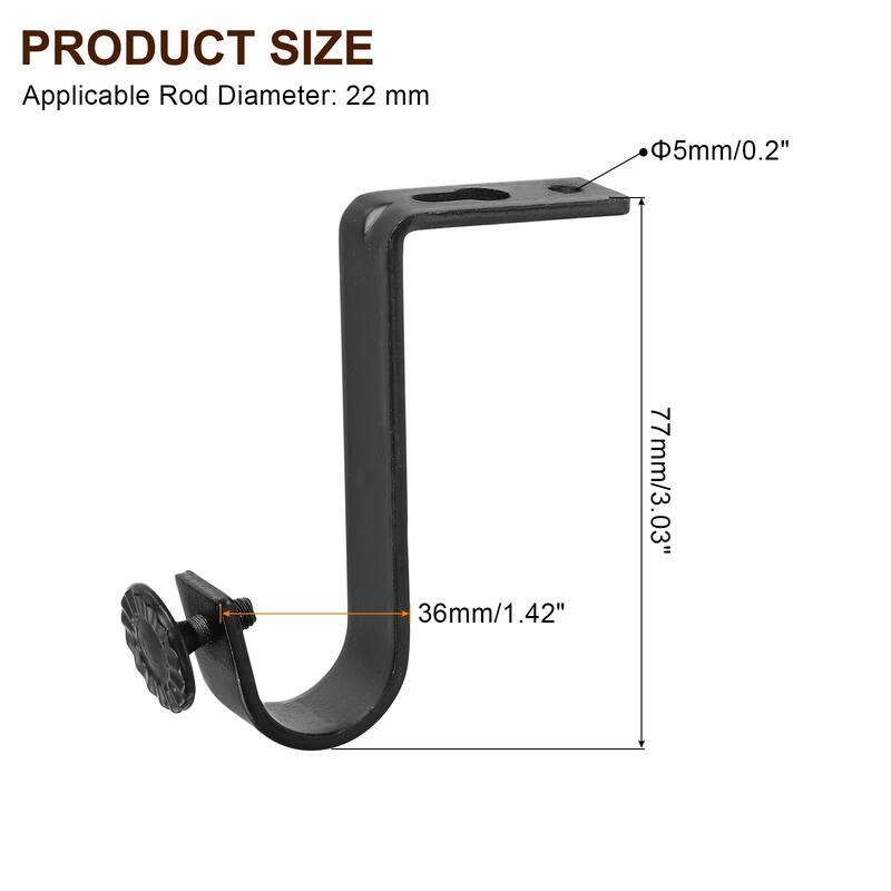 3Pcs Ceiling Mount Curtain Rod Brackets, Drapery Holder - Black - 0.8"