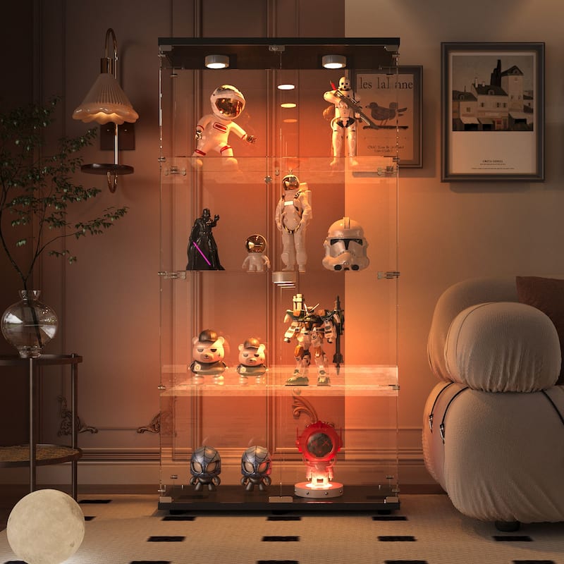 Tempered Glass Display Cabinet w/Multi-Color LED Lights, Door Lock & Adjustable Floor Feet for Flexible Placement