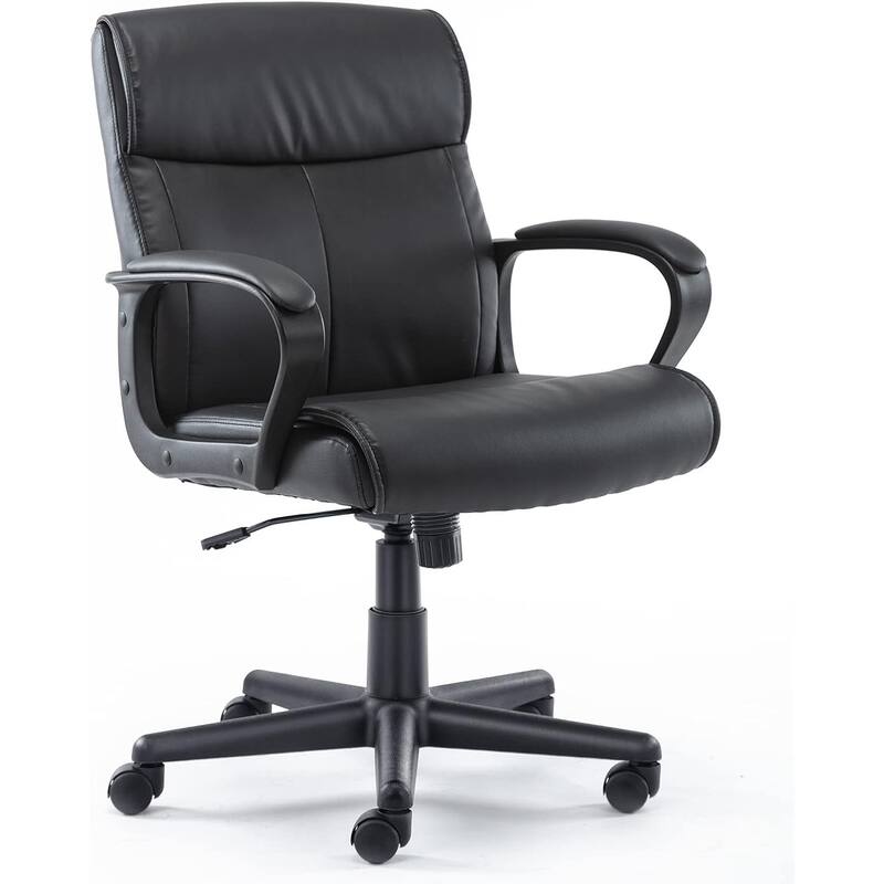 Executive Office Chair with Padded Armrests Mid Back Lumbar Support and Adjustable Height Tilt Angle, PU Leather Swivel Rolling - Black