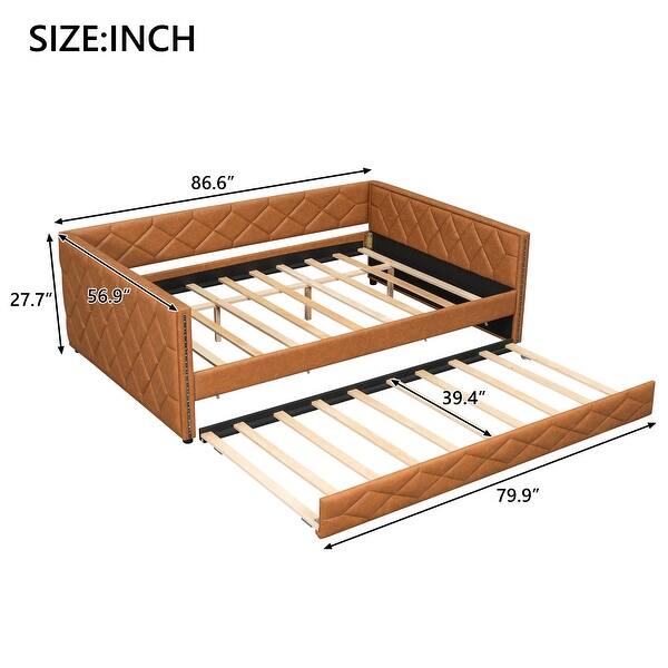 dimension image slide 1 of 2, Full XL Size Faux Leather Daybed with Trundle and LED