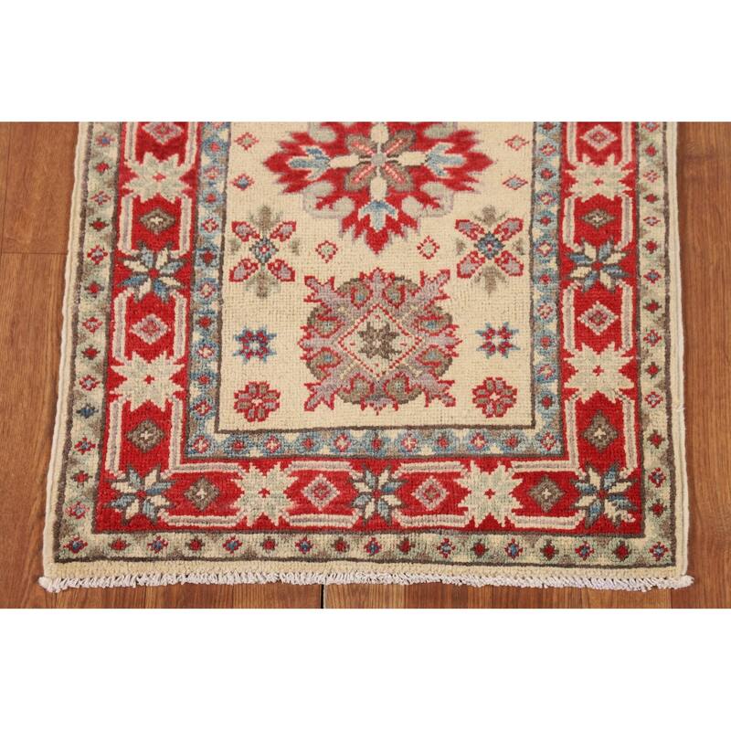 Geometric Kazak Oriental Runner Rug Handmade Beige Wool Carpet - 2'0" x 5'9"