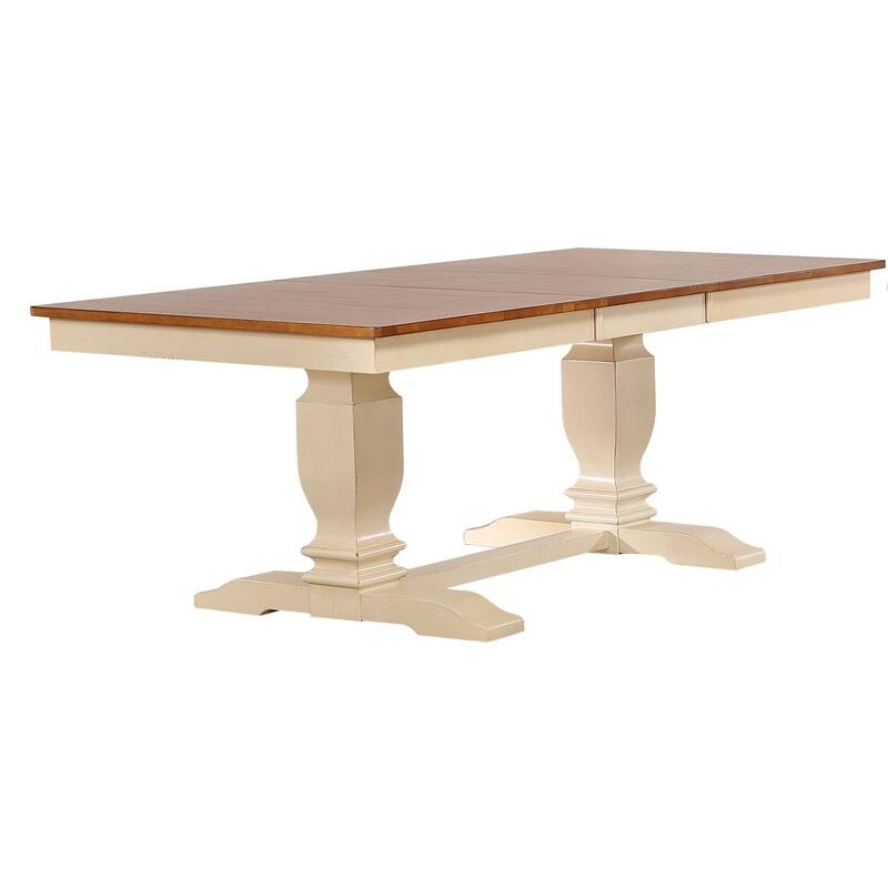 Double Transitional Pedestal In Antique Caramel Biscotti Panel Back 7-Piece Dining Set