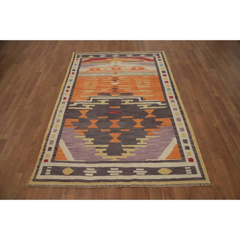 Hand Woven Oriental 100% Wool Carpet Southwestern Tribal Oranges & Rust Kilim Area Rug - 5' 11'' X 4' 1''