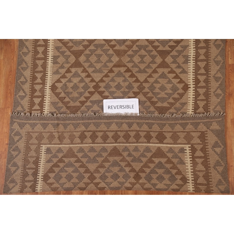 Brown Reversible Kilim Area Rug Flat-weave Oriental Wool Carpet - 5'5" x 8'1"