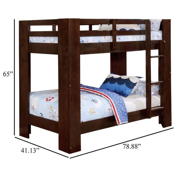 Sumo Twin Over Twin Bunk Bed, Brown Solid Wood Frame, Guard Rails