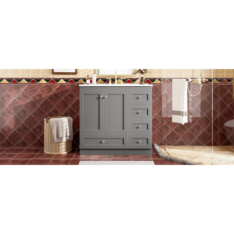 Bathroom Vanity with Ceramic Sink, Free-Standing Wooden Bathroom Cabinet, Storage Cabinet with 4 Drawers & 2 Soft Closing Doors