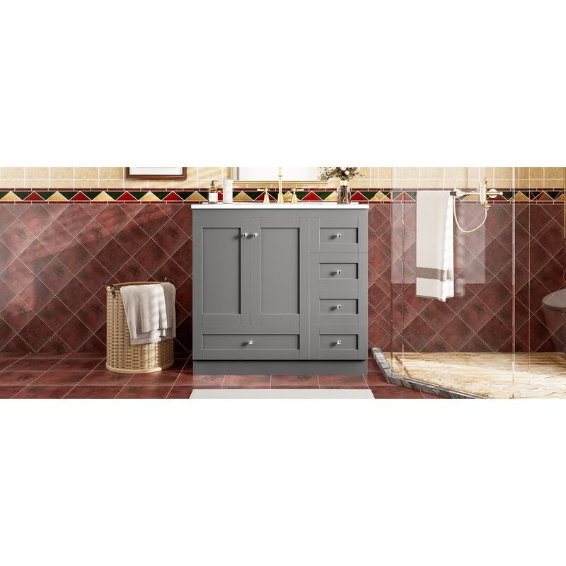 Roomfitters 36" Shaker Style Bathroom Vanity with Ceramic Sink, Free-Standing Cabinet, 4 Drawers & 2 Doors