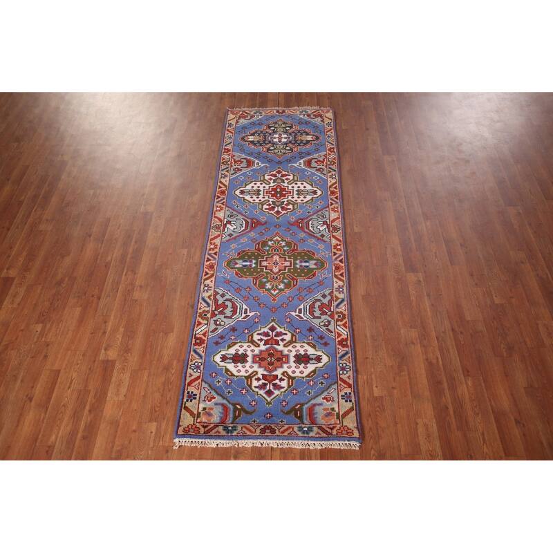Geometric Blue Kazak Oriental Runner Rug Hand-Knotted Wool Carpet - 2'7"x 8'0"