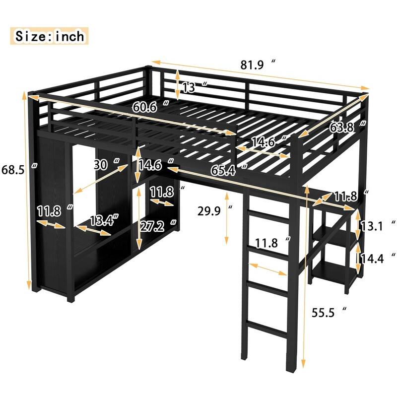 Queen Size Loft Bed Frame with Built-in Wardrobe,Desk and Storage Shelves