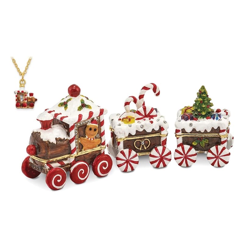 Curata Pewter Bejeweled Crystals Gold-Tone Enameled Candy Cane Train Trinket Box on 18 Inch Necklace